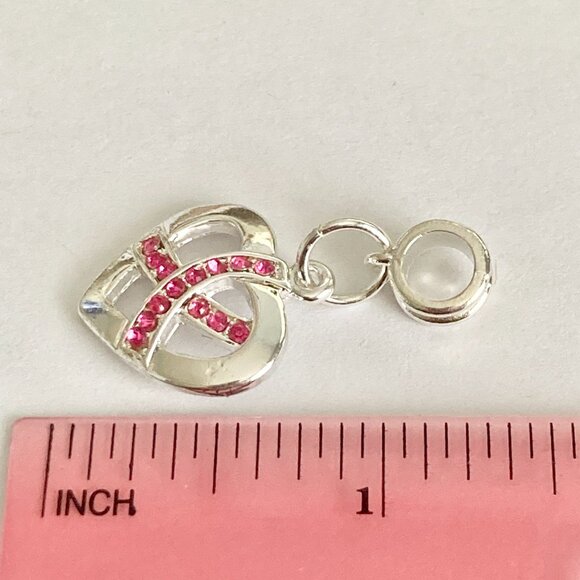 Pink Ribbon European Slider Clip On Charm For Bracelet Bag Purse Crystal Heart - Picture 11 of 11